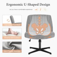 Sweetcrispy Criss Cross Chair Legged, Armless Office Wide Desk Chair No Wheels, Swivel Vanity Height Adjustable Fabric Modern Computer Task Seating for Home - Grey - Image 4