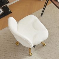 VINGLI Wide Criss Cross Legged Office Chair,Buttprint Ergonomic Desk Chair Comfy with Pillow&Gold Base,Dual-Use with/no Wheels,Adjustable Vanity Swivel Chair for Bedroom,Home Office,Teddy Fleece,White - Image 2
