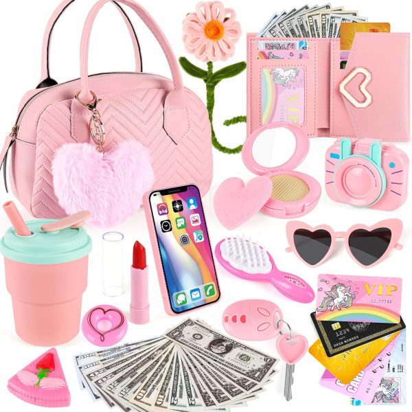 Play Purse for Little Girls Toddler, 35PCS Toddler Purse with Pretend Makeup for Kids, Girl Toys Princess Toy Includes Handbag, Phone, Kids Toy Purse Christmas Birthday Gift for Girls 3 4 5 6 7 8+