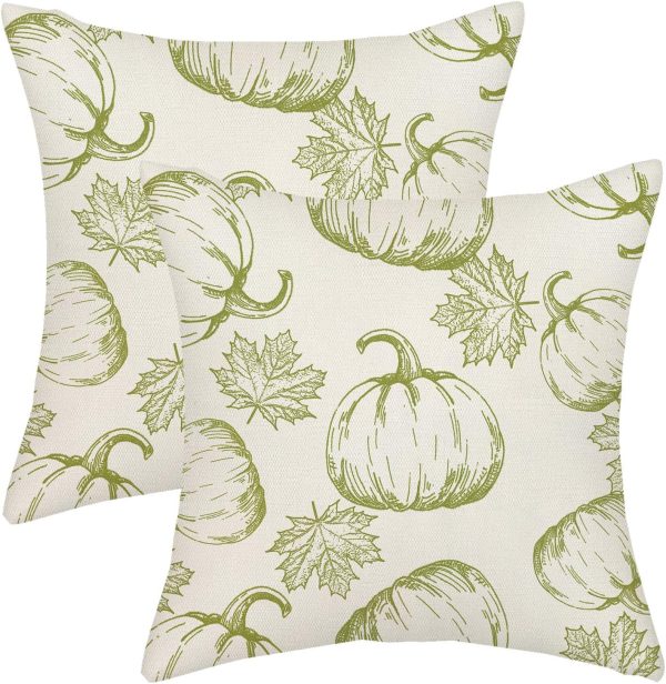 Fall Pillow Covers 18x18 Sage Green Pumpkin Decor Throw Pillows Case for Couch Maple Leaves Autumn Harvest Thanksgiving Farmhouse Indoor Outdoor Decorative Cushion Cases for Sofa Bed Set of 2