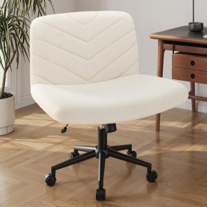 Yaheetech Wide Criss Cross Legged Office Desk Chair with No Wheels, Vanity Comfy Swivel Computer Chairs for Home Office Reading Makeup, Ivory