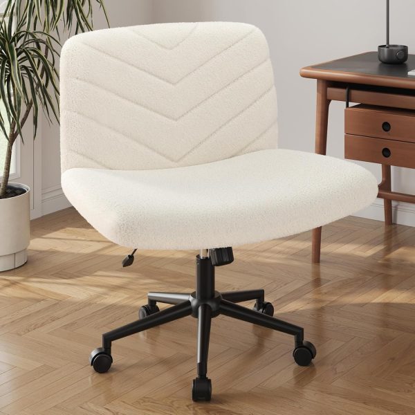 Yaheetech Wide Criss Cross Legged Office Desk Chair with No Wheels, Vanity Comfy Swivel Computer Chairs for Home Office Reading Makeup, Ivory
