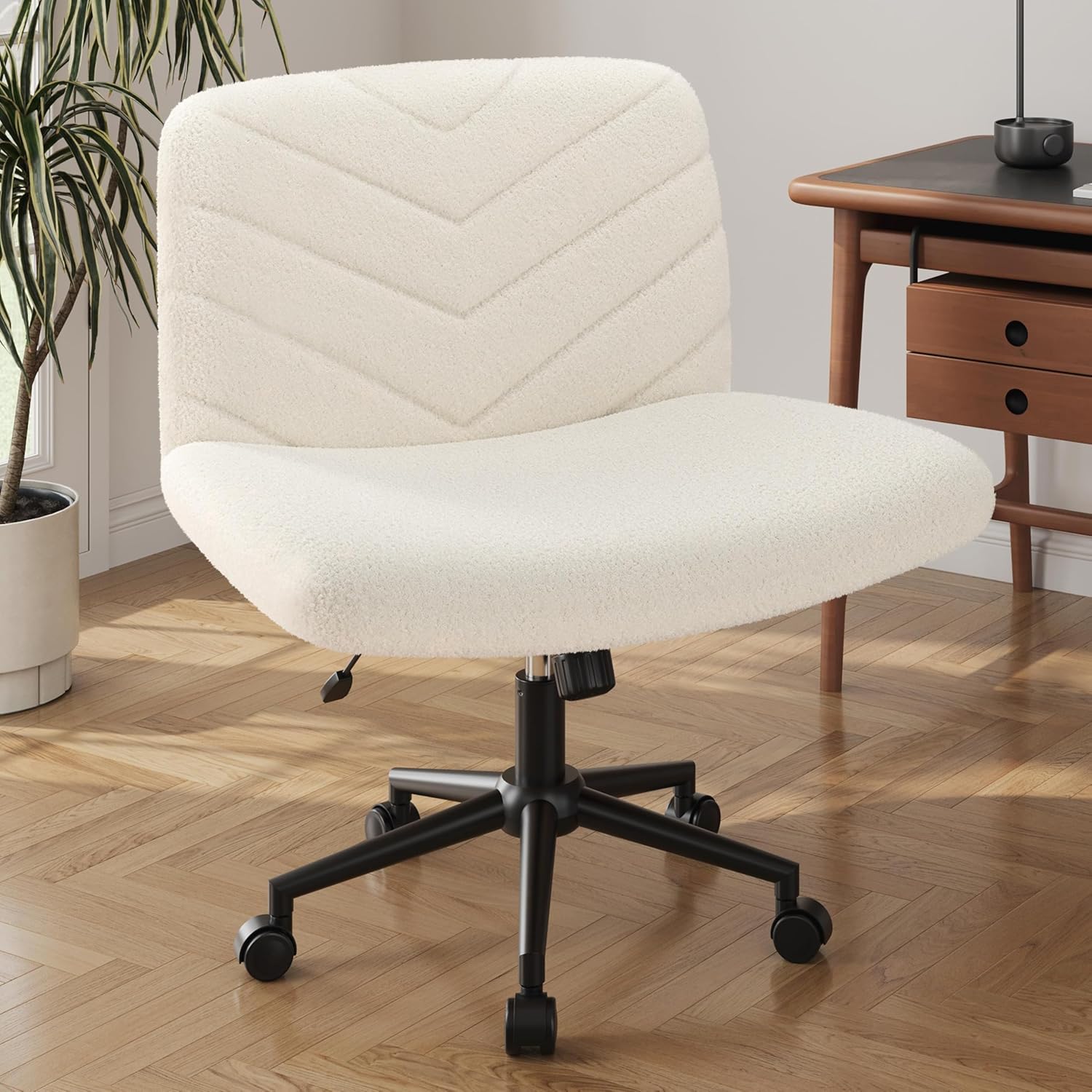 Yaheetech Wide Criss Cross Legged Office Desk Chair with No Wheels, Vanity Comfy Swivel Computer Chairs for Home Office Reading Makeup, Ivory