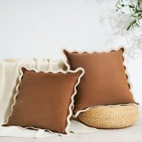 MONDAY MOOSE Decorative Throw Pillow Covers Cushion Cases, Set of 2 Soft Velvet Scalloped Wavy Edge Designs, Mix and Match for Home Decor, Pillow Inserts Not Included (Beige/Brown, 18x18 inch) - Image 2