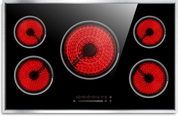 36 Inch Electric Cooktop, 5 Burner Stove Top with Slide Control, 9200W Electric Stove with Child Lock, Timer & Pause Function 36" Glass Cooktop, 220V Hard Wire(No Plug)