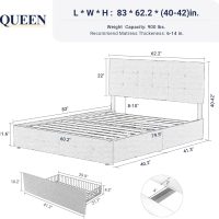 Allewie Upholstered Queen Size Platform Bed Frame with 4 Storage Drawers and Headboard, Square Stitched Button Tufted, Mattress Foundation with Wooden Slats Support, No Box Spring Needed, Light Grey - Image 2