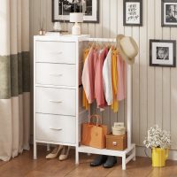 Dresser with Hanging Rack, 4 Drawers Small Closet for Bedroom, Reversible Fabric Kids Chest of Drawers with Clothes Rack, Tall Storage Tower, Sturdy Frame, White, 44''H - Image 3