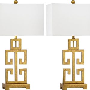 SAFAVIEH Lighting Collection Greek Key Farmhouse Glam Antique Gold 29-inch Bedroom Living Room Home Office Desk Nightstand Table Lamp Set of 2 (LED Bulbs Included)
