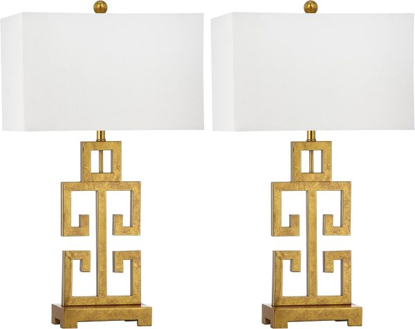 SAFAVIEH Lighting Collection Greek Key Farmhouse Glam Antique Gold 29-inch Bedroom Living Room Home Office Desk Nightstand Table Lamp Set of 2 (LED Bulbs Included)