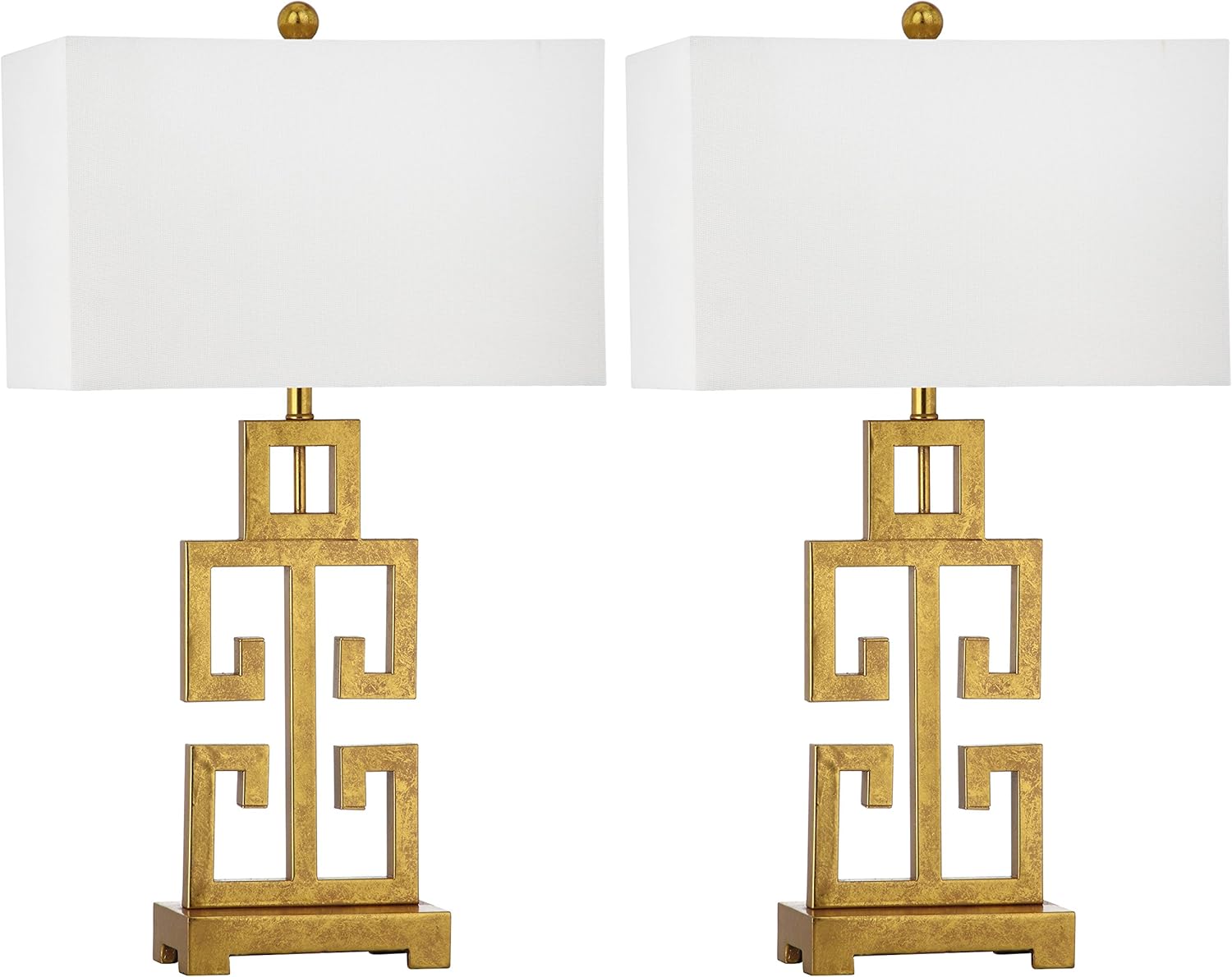 SAFAVIEH Lighting Collection Greek Key Farmhouse Glam Antique Gold 29-inch Bedroom Living Room Home Office Desk Nightstand Table Lamp Set of 2 (LED Bulbs Included)