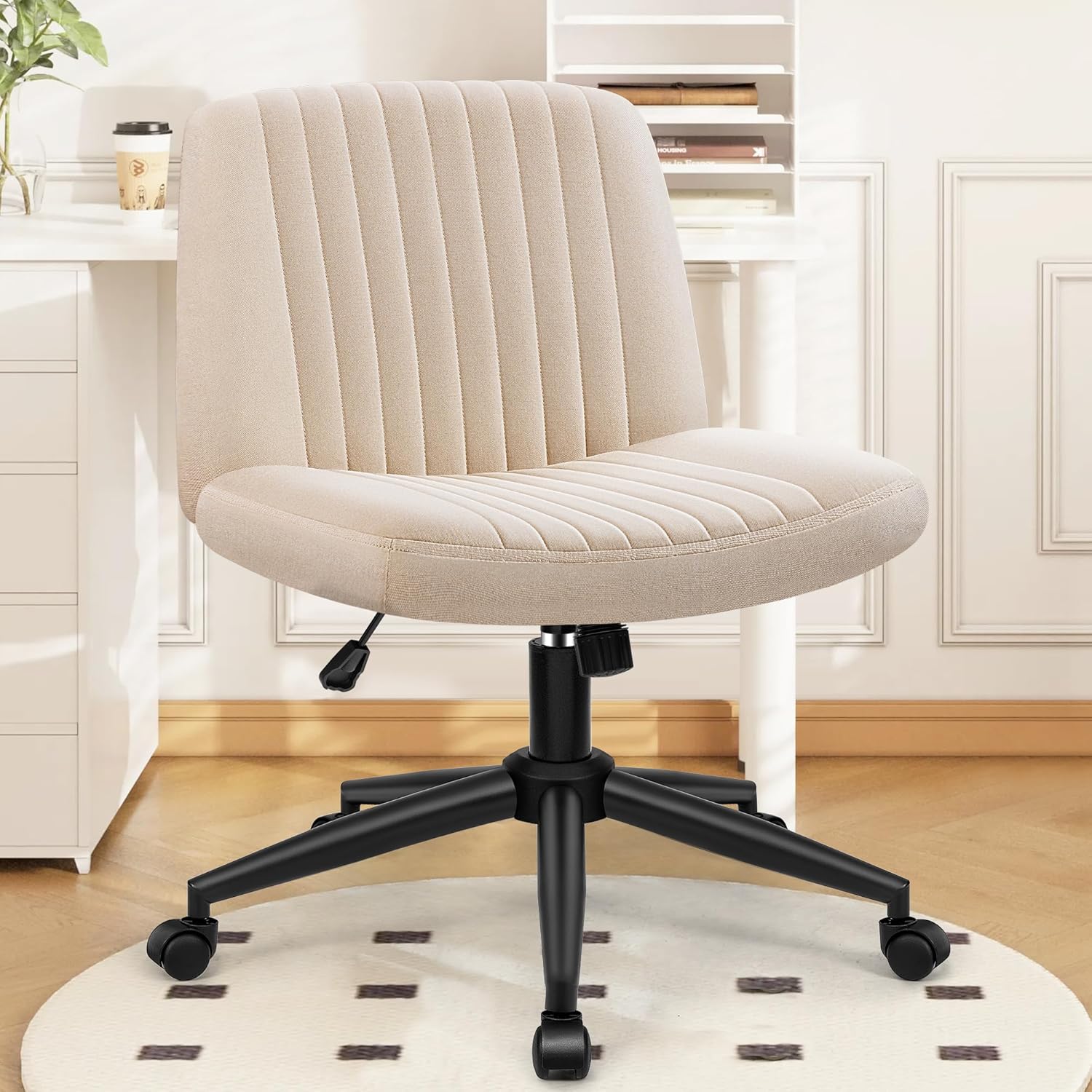 Criss Cross Chair – Wide Armless Vanity Chair with Back Support, Rolling Swivel & Adjustable Height for Home Office, Makeup Room