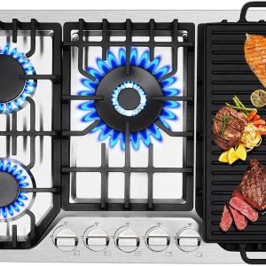 30 Inch Bulit-In Gas Cooktop with Griddle, 5 Italy SABAF Powerful Burners Over 92% High Efficiency, Max 48300BTU Gas Stove Top, 304 Stainless Steel Panel, NG/LPG Convertible, CSA Certified