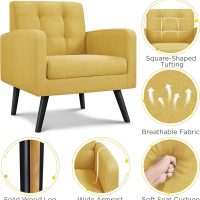 Yaheetech Mid-Century Accent Chairs, Modern Upholstered Living Room Chair, Cozy Armchair Button Tufted Back and Wood Legs for Bedroom/Office/Cafe, Yellow - Image 5