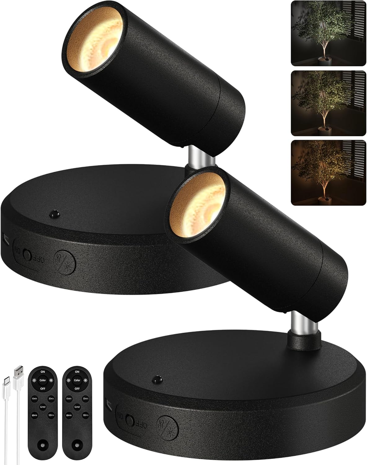 EZVALO Spotlights Indoor with Remote, 5500mAh Rechargeable Picture Lights, Wireless LED Uplighting with Timer＆Dimmable, 3CCT, Display Lights for Plant Painting, Artwork, Accent Lighting (2Pack-Black)