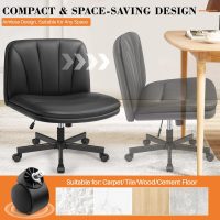 FelixKing Criss Cross Chair with Wheels, Cross Legged Office Chair, Armless Wide Vanity Desk Chair with Comfty PU Leather & Back - Swivel Height Ajustable for Home Office Bedroom, Black - Image 4