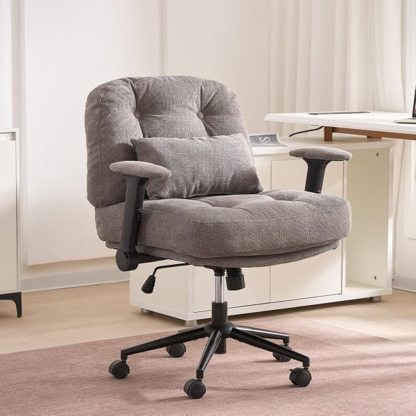 Criss Cross Chair with Adjustable Armrest & Lockable Wheels - Cross Legged Office Chairs with Wide Seat, Tufted Backrest, Pillow for Home Vanity Study, Gray