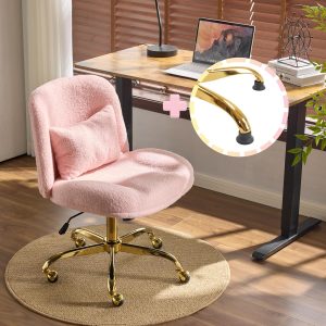 VINGLI Wide Criss Cross Legged Office Chair,Buttprint Ergonomic Desk Chair Comfy with Pillow&Gold Base,Dual-Use with/no Wheels,Adjustable Vanity Swivel Chair for Bedroom,Home Office,Teddy Fleece,Pink