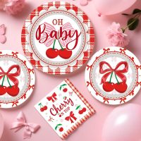 Cherry Baby Shower Decorations - 96 Pcs Red Cherries Bow Disposable Paper Dessert Plates Napkins Forks Tableware Set Summer Fruit Gender Reveal Party Supplies for Girls Serves 24 Guests - Image 6