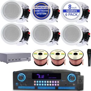 Home Theater System Kit - 2000 Watts Bluetooth Amplifier w/ 6 Qty of 8" Framed Ceiling Speakers 300 W Each, 4-Ch Speaker Selector, Mic, 300 ft Speaker Wire & Remote by Vaiyer