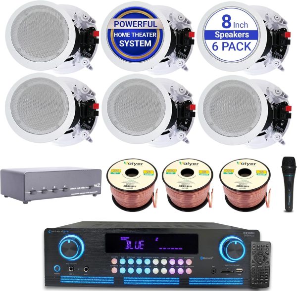 Home Theater System Kit - 2000 Watts Bluetooth Amplifier w/ 6 Qty of 8" Framed Ceiling Speakers 300 W Each, 4-Ch Speaker Selector, Mic, 300 ft Speaker Wire & Remote by Vaiyer