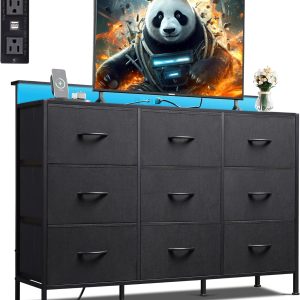 WLIVE Black TV Stand for 45, 50, 55 inch TV, Entertainment Center with LED Lights & Charging Station, TV Media Console Table with 9 Fabric Drawers and Open Shelves for Living Room, Hallway, Wood Top