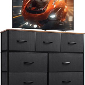 WLIVE 7 Drawer Dresser TV Stand, Entertainment Center, Media Console Table with Metal Frame and Wood Top for TV up to 45 inch, Chest of Drawers for Bedroom, Living Room, Black and Rustic Brown