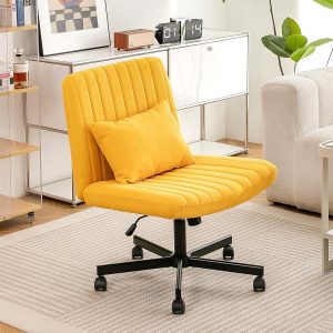 Criss Cross Chair, Office Chair Cross Legged with Wheels, Armless Office Chair, Linen Desk Chairs with Wheels for Home Office, Meditation, Makeup (Linen Yellow)
