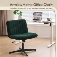 Criss Cross Legged Office Chair no Wheels Upholstered Wide Seat Armless Desk Chair Height Adjustable Swivel Computer Chair for Home Office, Bedroom, Makeup, Dark Green - Image 4