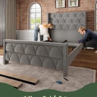 Queen Size Bed Frame with 56" Headboard - 1000LBS Capacity Support, Velvet Upholstered Wingback Platform Bed Frame, Noise Free, Sturdy Wooden Slat Support - Image 7