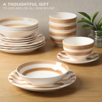 Gibson Home Kenwood Shores 16 Piece Dinnerware Set, Brown Striped, Stoneware, Hand-Painted Plates and Bowls, Service for 4, Microwave & Dishwasher Safe - Image 4
