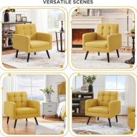 Yaheetech Mid-Century Accent Chairs, Modern Upholstered Living Room Chair, Cozy Armchair Button Tufted Back and Wood Legs for Bedroom/Office/Cafe, Yellow - Image 4