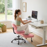 Furmax Ergonomic Criss Cross Legged Office Chair with Wheels, 360°Swivel Adjustable Height Kneeling Desk Chair with Footrest for ADHD, Yoga, Meditation, Home Office (Teddy Fabric, Pink) - Image 5