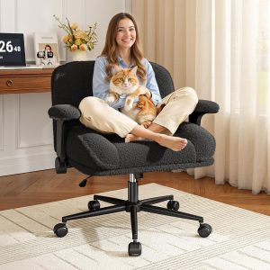Cross Legged Office Chair with Flip-Up Arms, Wide Criss Cross Chair with Wheels & Extra-Deep Seat Thickened for Home Office,Vanity, Bedroom,Apartment Dorms,Plush Cushion,Cute,Comfy,Black