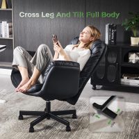 Criss Cross Chair with Armrests & Wheels for Cross-Legged Sitting ，Comfortable Adjustable Swivel Office Desk Chair –PU Leather Vanity Chair for Home, Makeup and Bedroom (Black) - Image 5