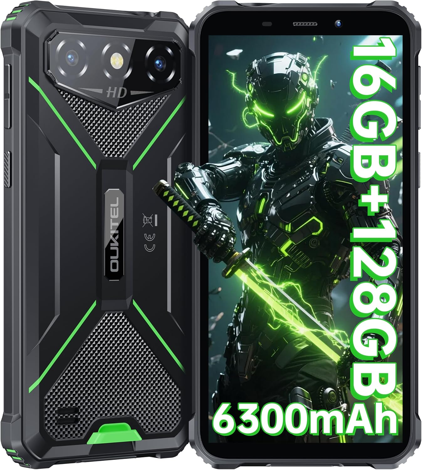 OUKITEL G3 Rugged Smartphone Unlocked -16GB+128GB/1TB TF 6” HD Display IP68/IP69K Rugged Android Phone, 6300mAh Battery 13MP Rear Camera Waterproof Cell Phones, GPS/3.5mm Jack/Face ID/4G Dual Sim