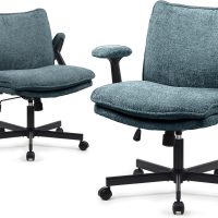 Criss Cross Legged Office Chair with Wheels and Flip-Up Arms, Upholstered Criss Cross Desk Chair, Wide Seat Chairs for Home Office, Vanity, Apartment, Green - Image 8
