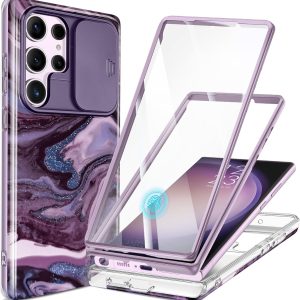 GVIEWIN for Samsung Galaxy S23 Ultra Case with Slide Camera Cover, [Built-in Screen Protector] [2 Front Frames] Military Grade Shockproof Marble Phone Case Fit S23 Ultra 6.8", Quicksand/Purple