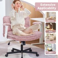 Cross Legged Office Chair with Wheels and Adjustable Flip-Arms, Criss Cross Desk Chair with Thick Cushion, Wide Seat Chair for Home Office, Apartment, Bedroom, Pink - Image 6