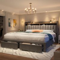 EnHomee Queen Bed Frame with 2-Tier Storage Headboard, Upholstered Platform Queen Size Bed Frame with 2 Storage Drawers, Sturdy Wooden Slats Support, Noise-Free, No Box Spring Needed, Grey - Image 3