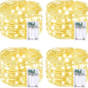 4 Pack 60 LED Fairy Lights Battery Operated with Timer, 20FT Waterproof Twinkle Lights Indoor Outdoor, Cuttable String Lights for Bedroom, Wedding, DIY, Centerpiece, Christmas Decorations (Warm White)
