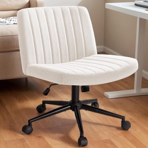 Furmax Cross Legged Office Chair with Wheels, Armless Desk Wide Chair, Adjustable Swivel Padded Fabric Vanity Computer Task Chair (Beige)