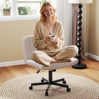 Giantex Criss Cross Chair with Wheels, Armless Cross Legged Office Chair, Fabric Adjustable Swivel Ergonomic Desk Seat, Modern Wide Makeup Task Vanity Chair for Home, Beige - Image 9