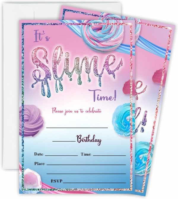 15 PCs Slime Time Birthday Invitation With 15 Matching White Envelopes For Boy Girl, Birthday Party Favors Decorations Supplies-OL-A38