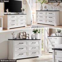 Farmhouse 6 Drawer Dresser for Bedroom, 52 Inch Wide Modern Dresser TV Stand with Large Drawers & Bar Handles, Rustic Wood Chest of Drawers for Bedroom, Living Room, Hallway, Off White - Image 3