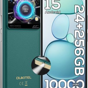 OUKITEL C60 PRO Android 15 Cell Phone Unlocked 2025-24GB+256GB/TF 1TB, 10000mAh Battery, 6.88'' Display Smartphone,110dB Speaker,120LM Flashlight, 13MP Camera, 4G Dual SIM Phones, GPS/NFC/OTG,Green