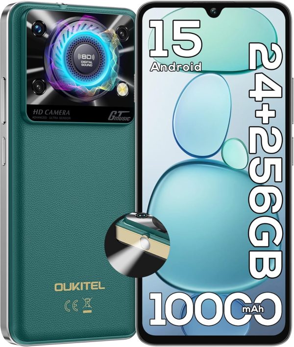OUKITEL C60 PRO Android 15 Cell Phone Unlocked 2025-24GB+256GB/TF 1TB, 10000mAh Battery, 6.88'' Display Smartphone,110dB Speaker,120LM Flashlight, 13MP Camera, 4G Dual SIM Phones, GPS/NFC/OTG,Green