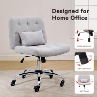 Criss Cross Chair with Rubber Wheels, Armless Office Desk Chair with Lumbar Pillow, Wide Comfy Vanity Rolling Swivel Modern Comfortable Fabric Computer Task Chairs for Home Office (Grey) - Image 4