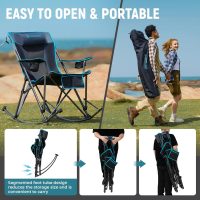 FUNDANGO Rocking Camping Chair, High Mesh Back Portable Folding Camp Chairs with Pillows, Cup Holder and Carry Bag for Lawn Patio Garden Outdoor Supports 300 Lbs (Black/Blue) - Image 6