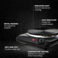 OVENTE Electric Countertop Single Burner, 1000W Cooktop with 7.25 Inch Cast Iron Hot Plate, 5 Level Temperature Control, Compact Cooking Stove and Easy to Clean Stainless Steel Base, Black BGS101B - Image 2