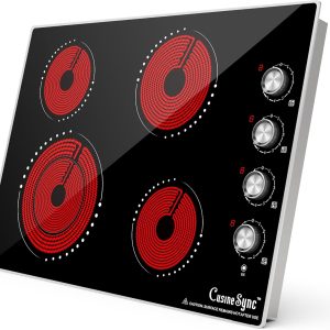 30 Inch Electric Cooktop, 4 Burner Built-in Electric Stove Top with 9 Power Levels, Knob Control, Auto shutdown and Residual Heat Warning, 7200W, 220-240V for Hard Wire